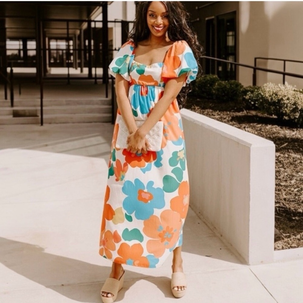 Vestique Floral Maxi Dress in Orange and Blue